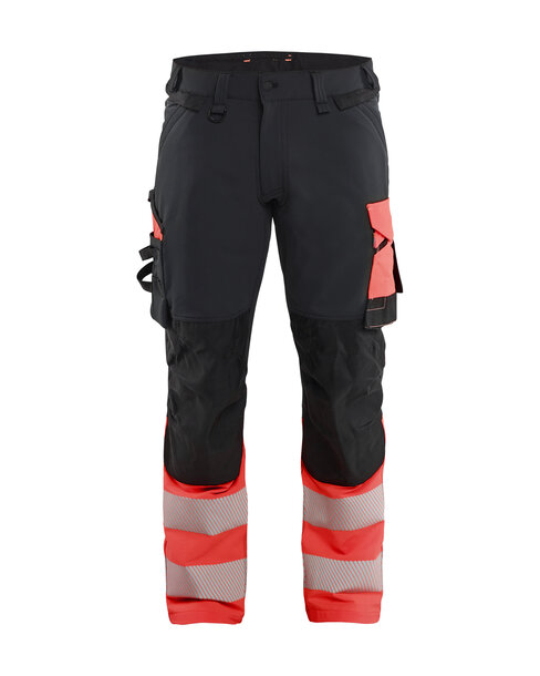 High Vis Arbeitshose 4-Wege-Stretch Schwarz/High Vis Rot