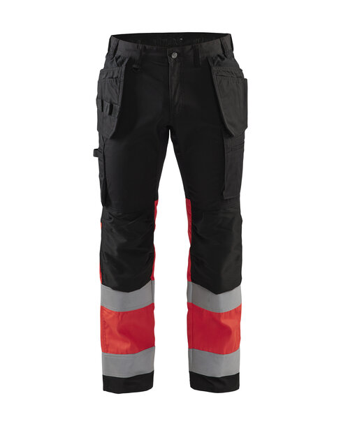 High Vis Arbeitshose mit Stretch Schwarz/High Vis Rot