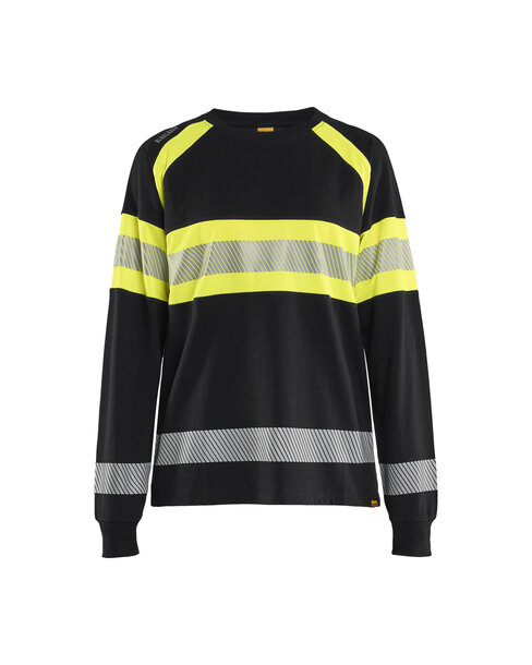 Damen High Vis Langarmshirt Schwarz/High Vis Gelb