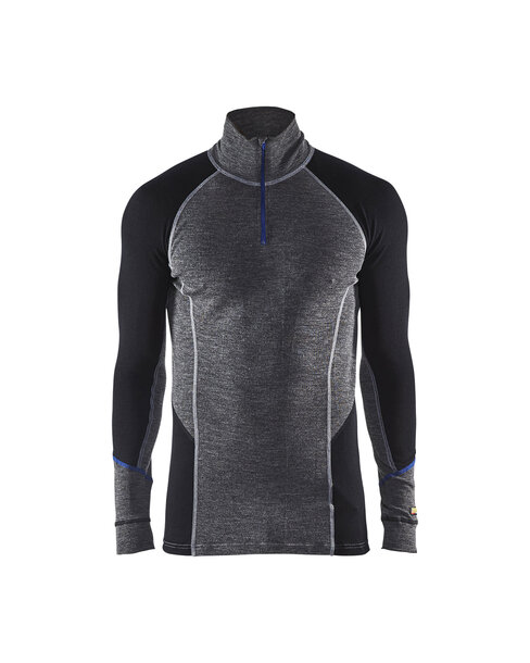 Zippkragen-Unterhemd WARM 100% Merino Mittelgrau/Schwarz