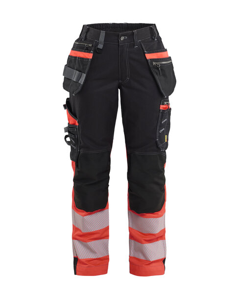 Damen High Vis Arbeitshose mit Stretch Schwarz/High Vis Rot