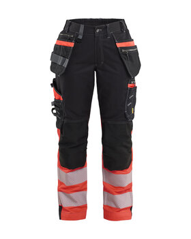 Damen High Vis Arbeitshose mit Stretch Schwarz/High Vis Rot